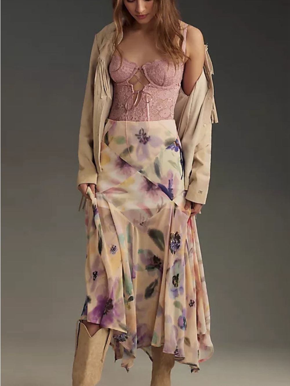 By Anthropologie Asymmetrical Painterly Watercolor Floral Midi Skirt Size: S